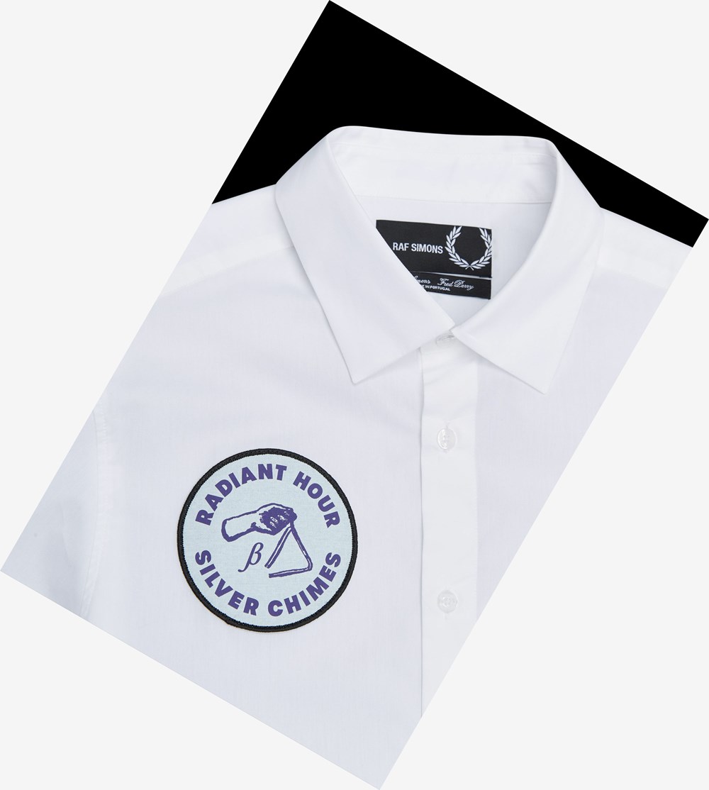 White Fred Perry Raf Simons Short Sleeve Patch Detail Men's Shirts | YNLSG-4395