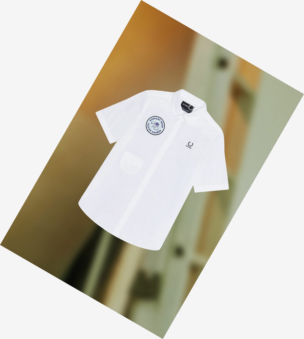 White Fred Perry Raf Simons Short Sleeve Patch Detail Men\'s Shirts | YNLSG-4395