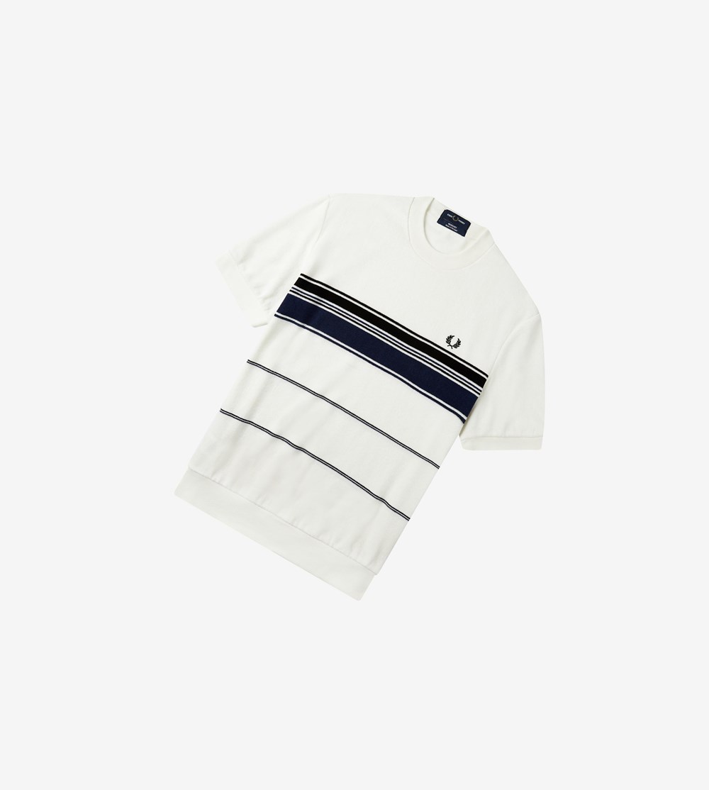 White Fred Perry Reissues Striped Towelling Men's T Shirts | WXQDY-4987