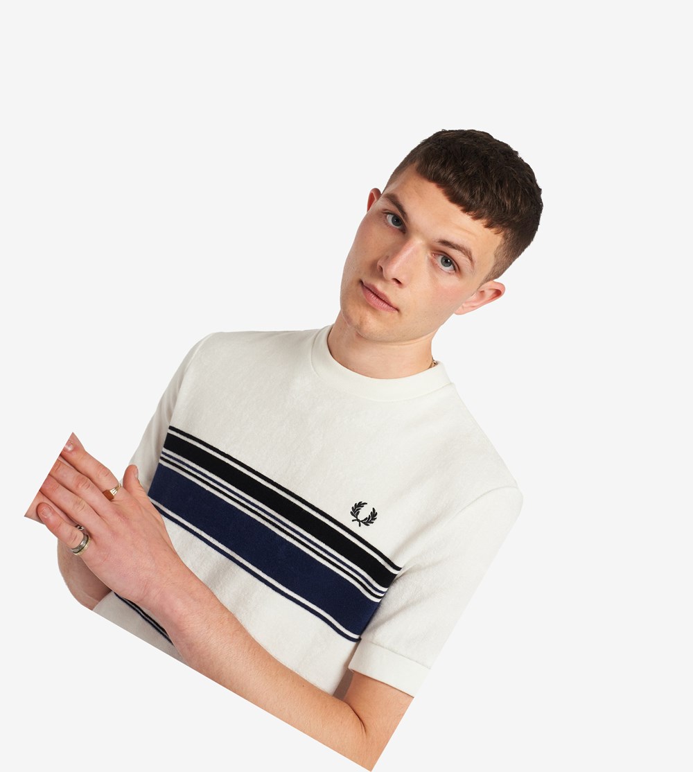 White Fred Perry Reissues Striped Towelling Men's T Shirts | WXQDY-4987