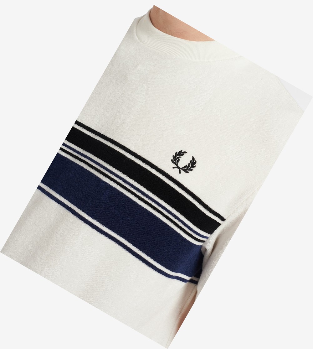 White Fred Perry Reissues Striped Towelling Men's T Shirts | WXQDY-4987