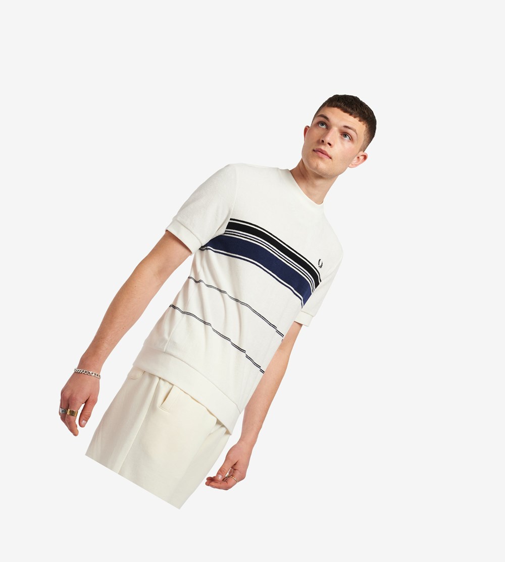 White Fred Perry Reissues Striped Towelling Men\'s T Shirts | WXQDY-4987