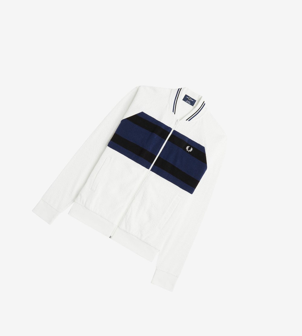 White Fred Perry Reissues Towelling Bomber Jacket Men's Track Jacket | YZRSC-0264