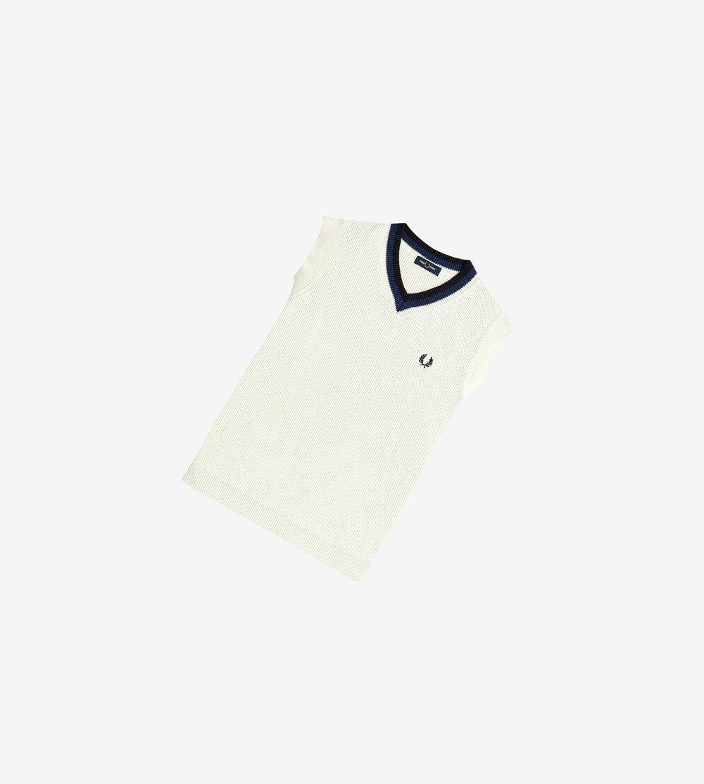 White Fred Perry Reissues V-Neck Knitted Tank Men's Knitwear | YCJFV-9031