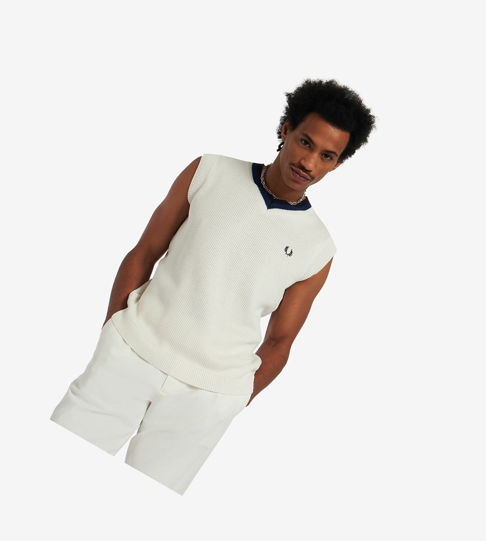 White Fred Perry Reissues V-Neck Knitted Tank Men's Knitwear | YCJFV-9031