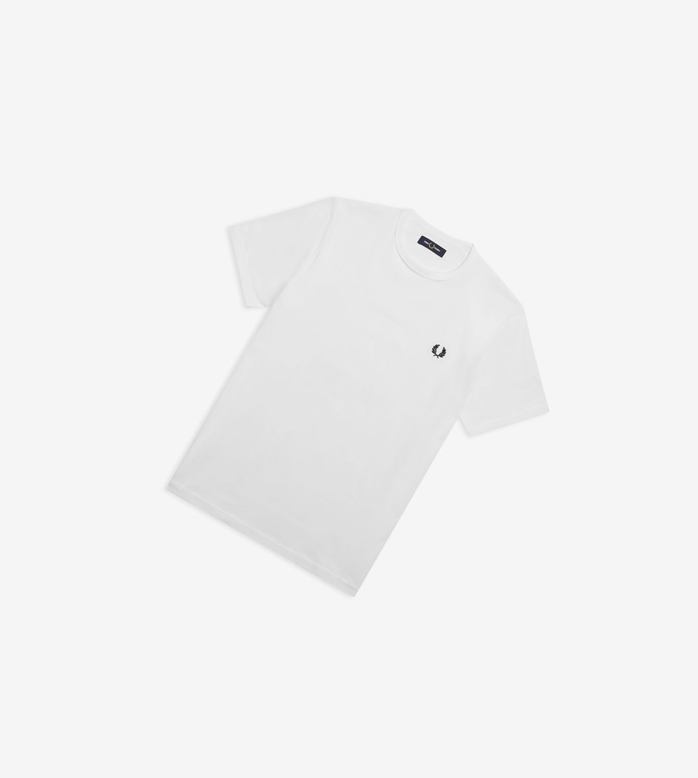 White Fred Perry Ringer Men's T Shirts | XKEOR-2978