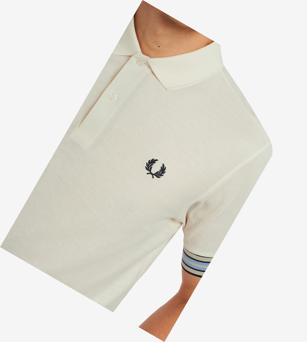 White Fred Perry Striped Cuff Men's Polo Shirts | PVNID-1725