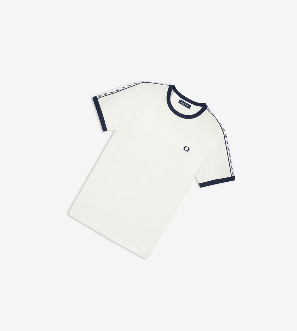 White Fred Perry Taped Ringer Men's T Shirts | HSKOU-3240