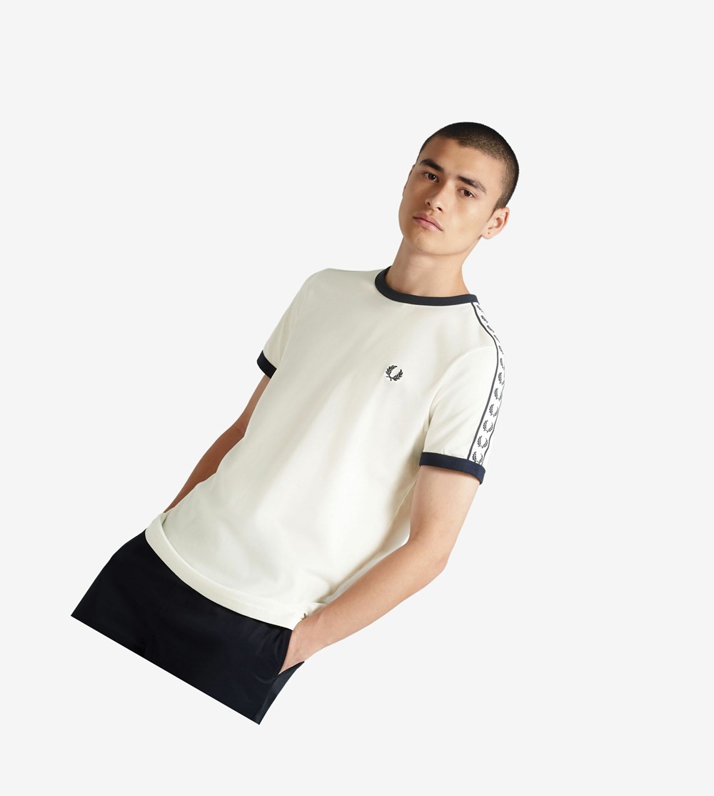 White Fred Perry Taped Ringer Men's T Shirts | HSKOU-3240