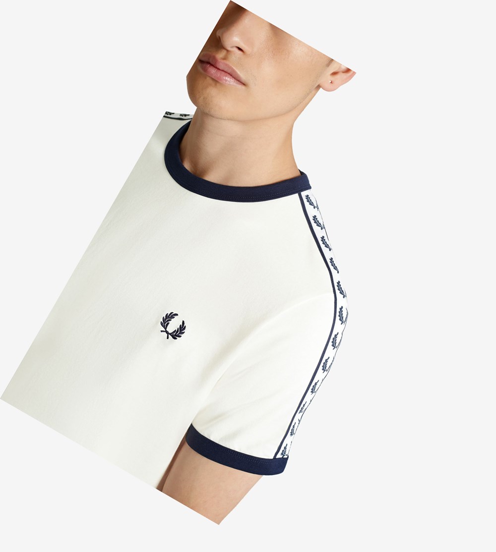 White Fred Perry Taped Ringer Men's T Shirts | HSKOU-3240