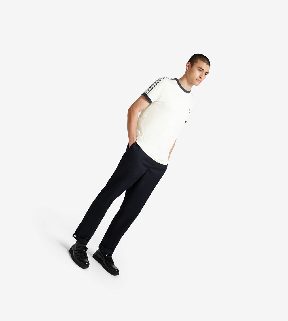 White Fred Perry Taped Ringer Men's T Shirts | HSKOU-3240