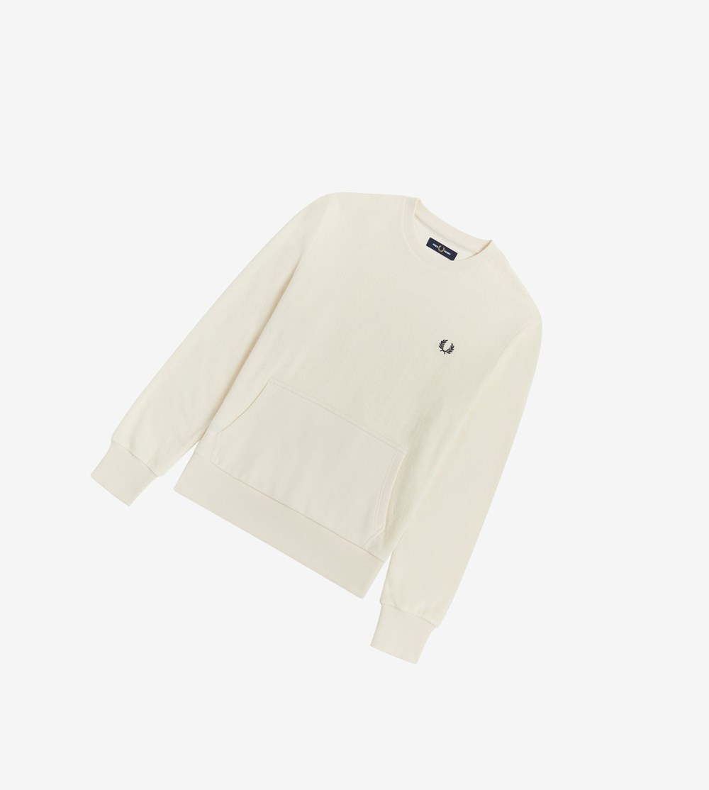 White Fred Perry Towelling Crew Neck Men's Sweatshirt | UDYFC-9638