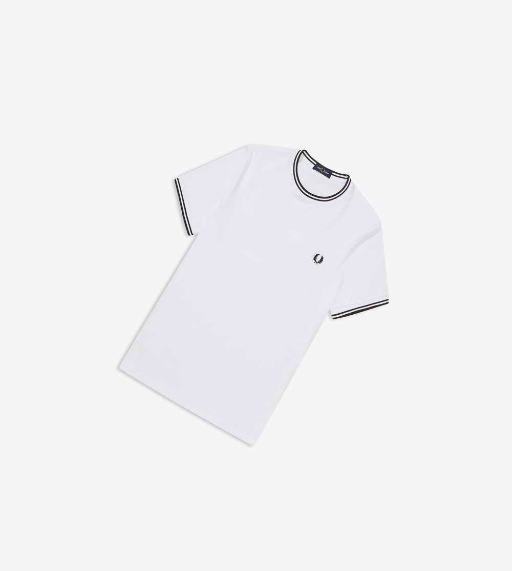 White Fred Perry Twin Tipped Men's T Shirts | BWYHO-2814