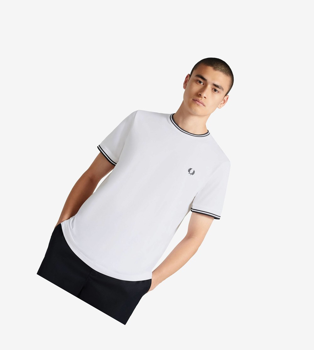 White Fred Perry Twin Tipped Men's T Shirts | BWYHO-2814