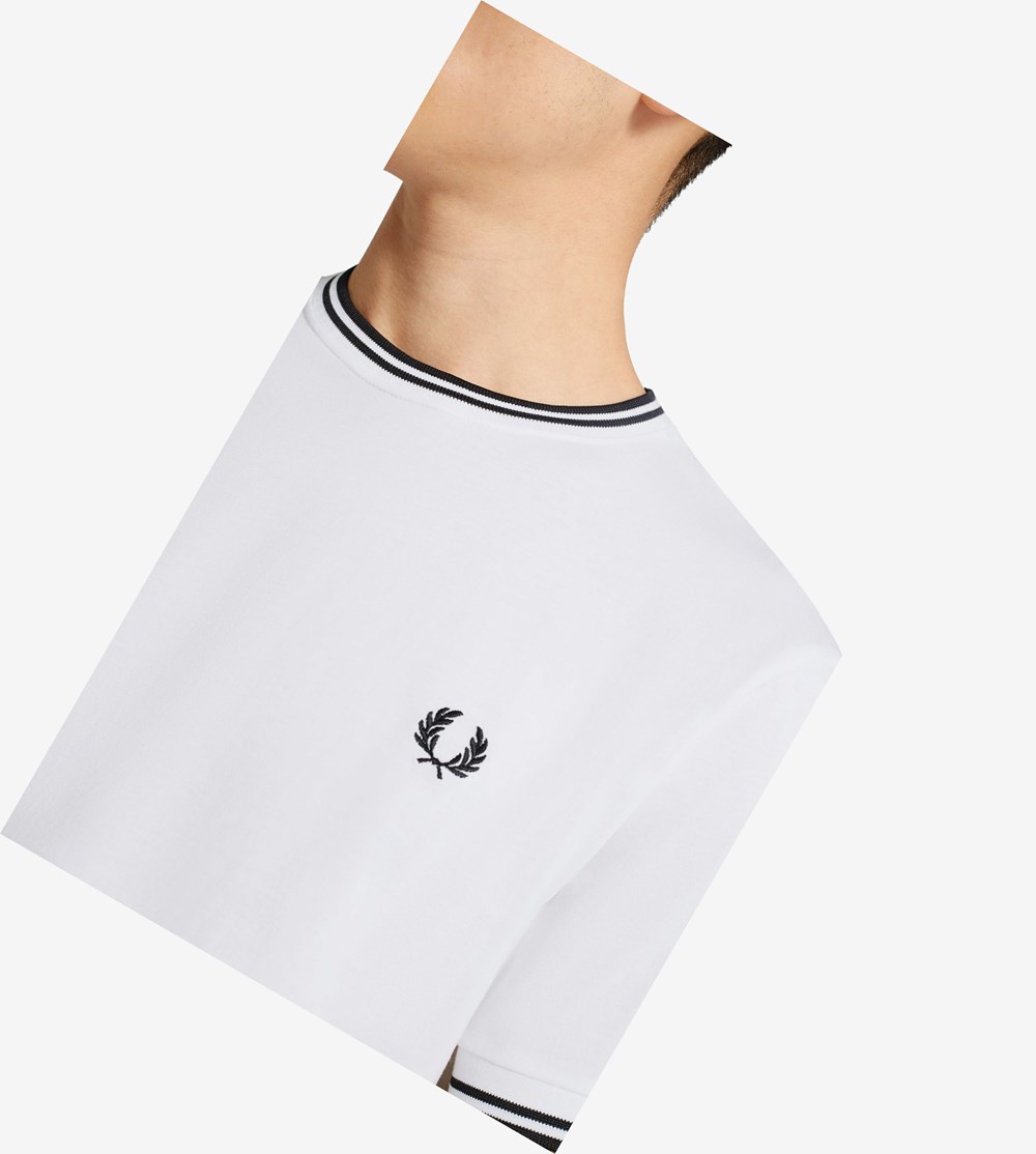 White Fred Perry Twin Tipped Men's T Shirts | BWYHO-2814