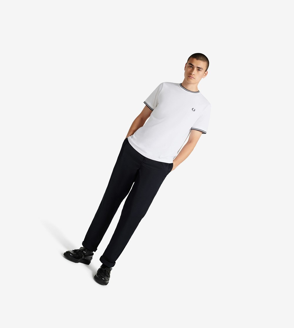 White Fred Perry Twin Tipped Men's T Shirts | BWYHO-2814