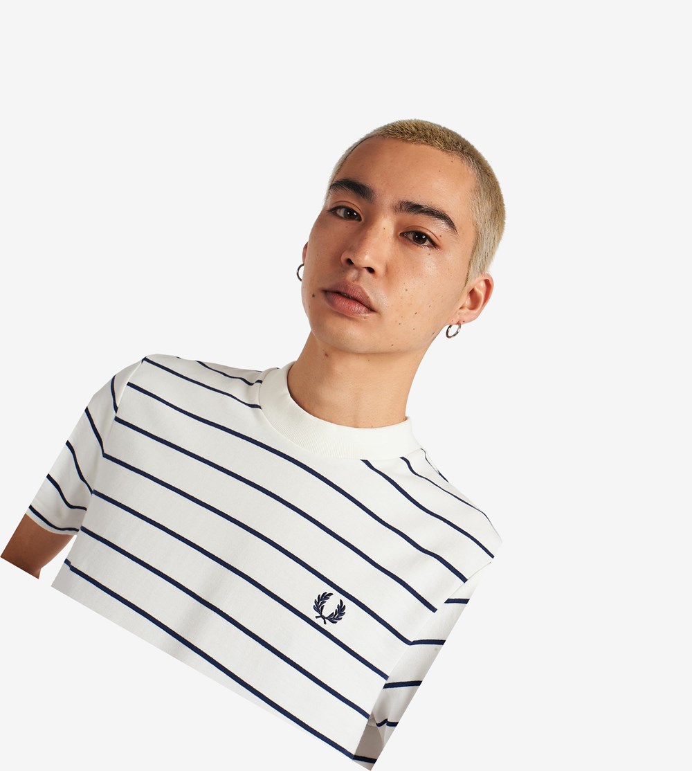 White Fred Perry Two Colour Stripe Men's T Shirts | JCAEV-8159