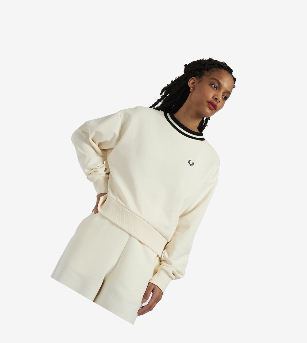 White Fred Perry Zip Detail Women\'s Sweatshirt | ADCMO-9047