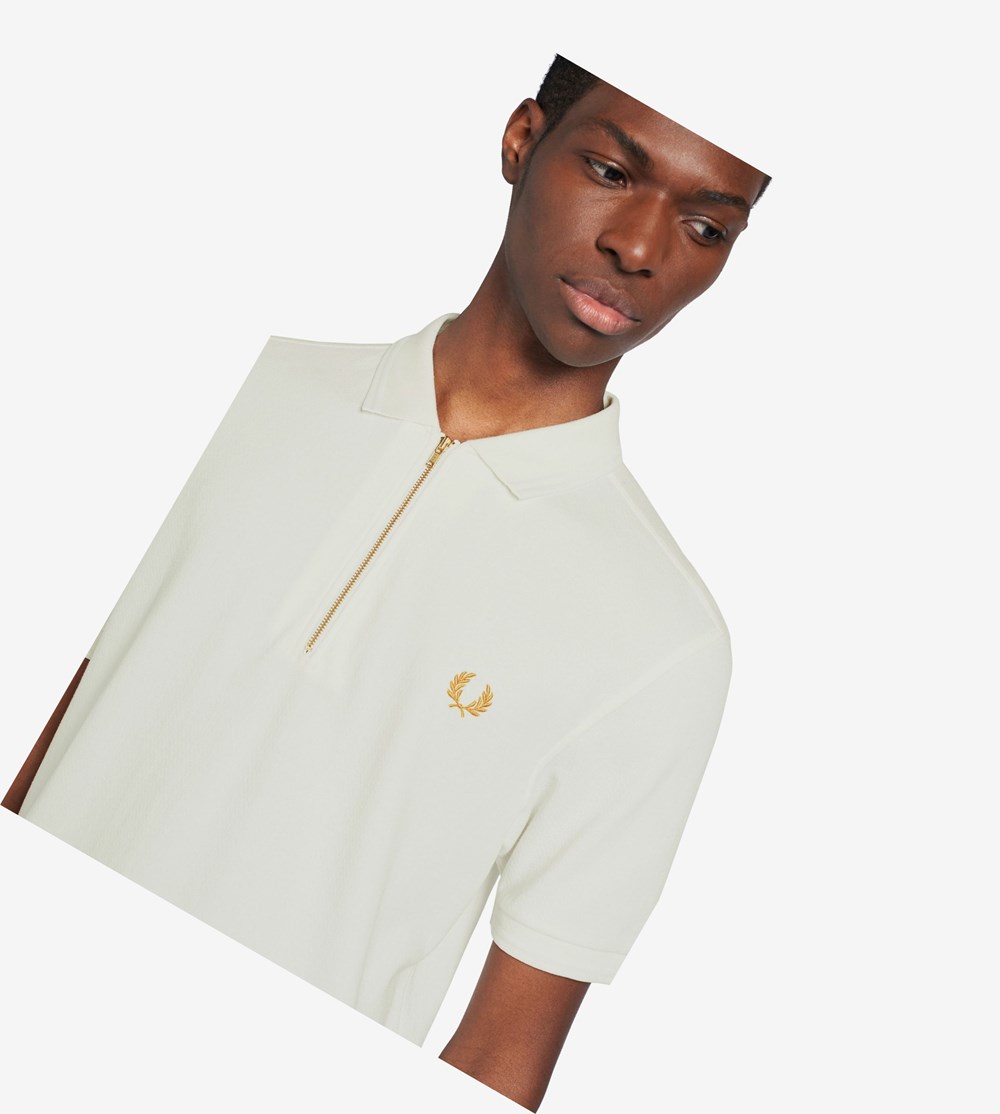 White Fred Perry Zip Neck Men's Polo Shirts | CXQGI-0617