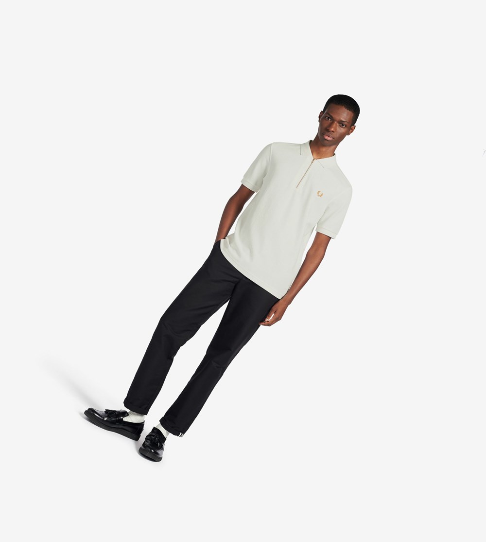 White Fred Perry Zip Neck Men's Polo Shirts | CXQGI-0617