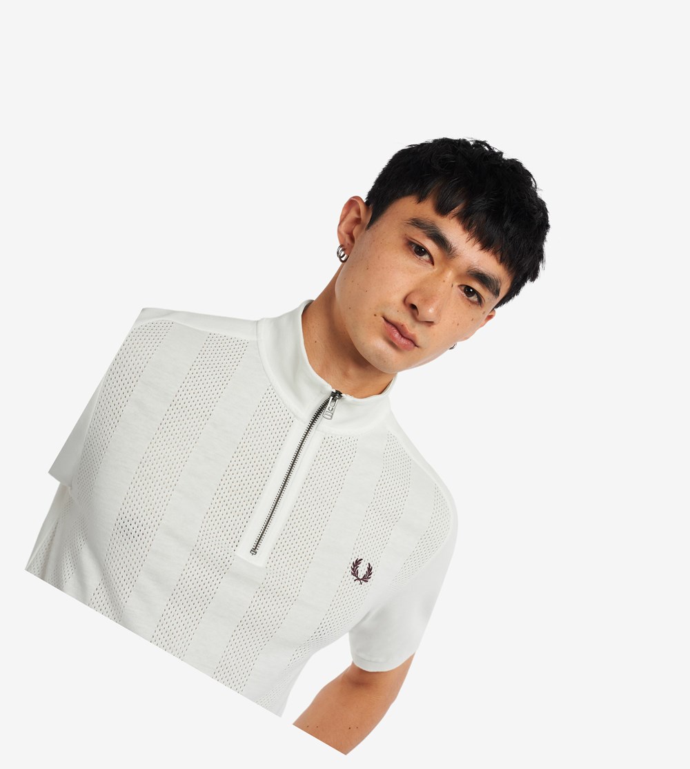 White Fred Perry Zip Neck Raglan Sleeve Men's Polo Shirts | BPEVO-7901