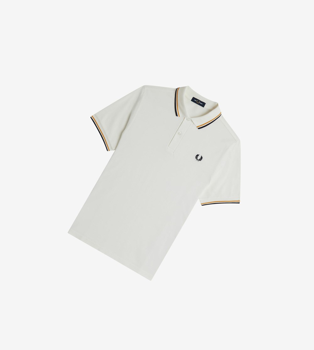 White / Gold / Navy Fred Perry M3600 Men's Polo Shirts | MCZWL-9206