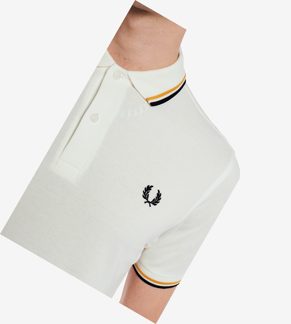 White / Gold / Navy Fred Perry M3600 Men's Polo Shirts | MCZWL-9206