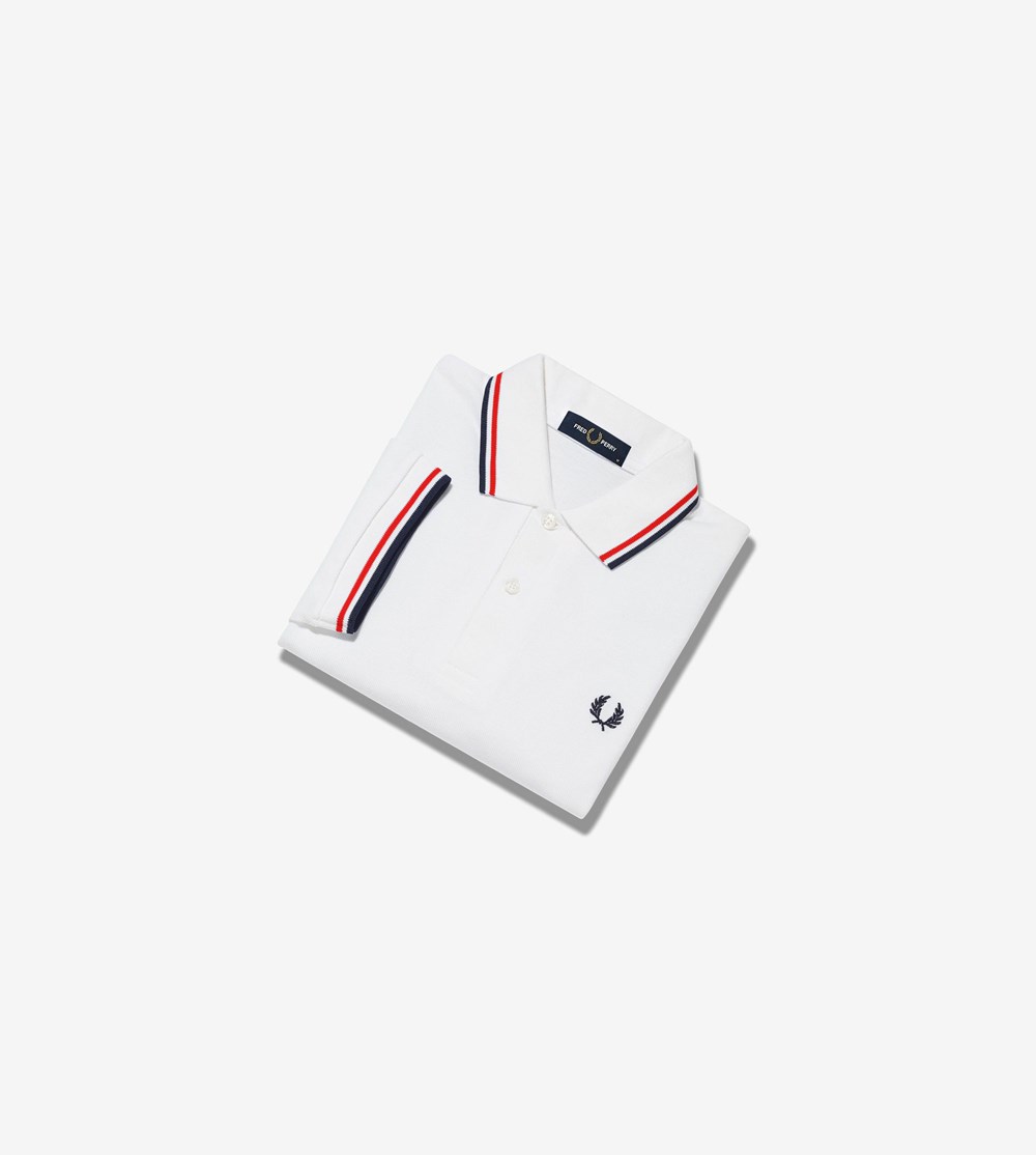 White / Light Red / Navy Fred Perry M3600 Men's Polo Shirts | ZBQAV-5361