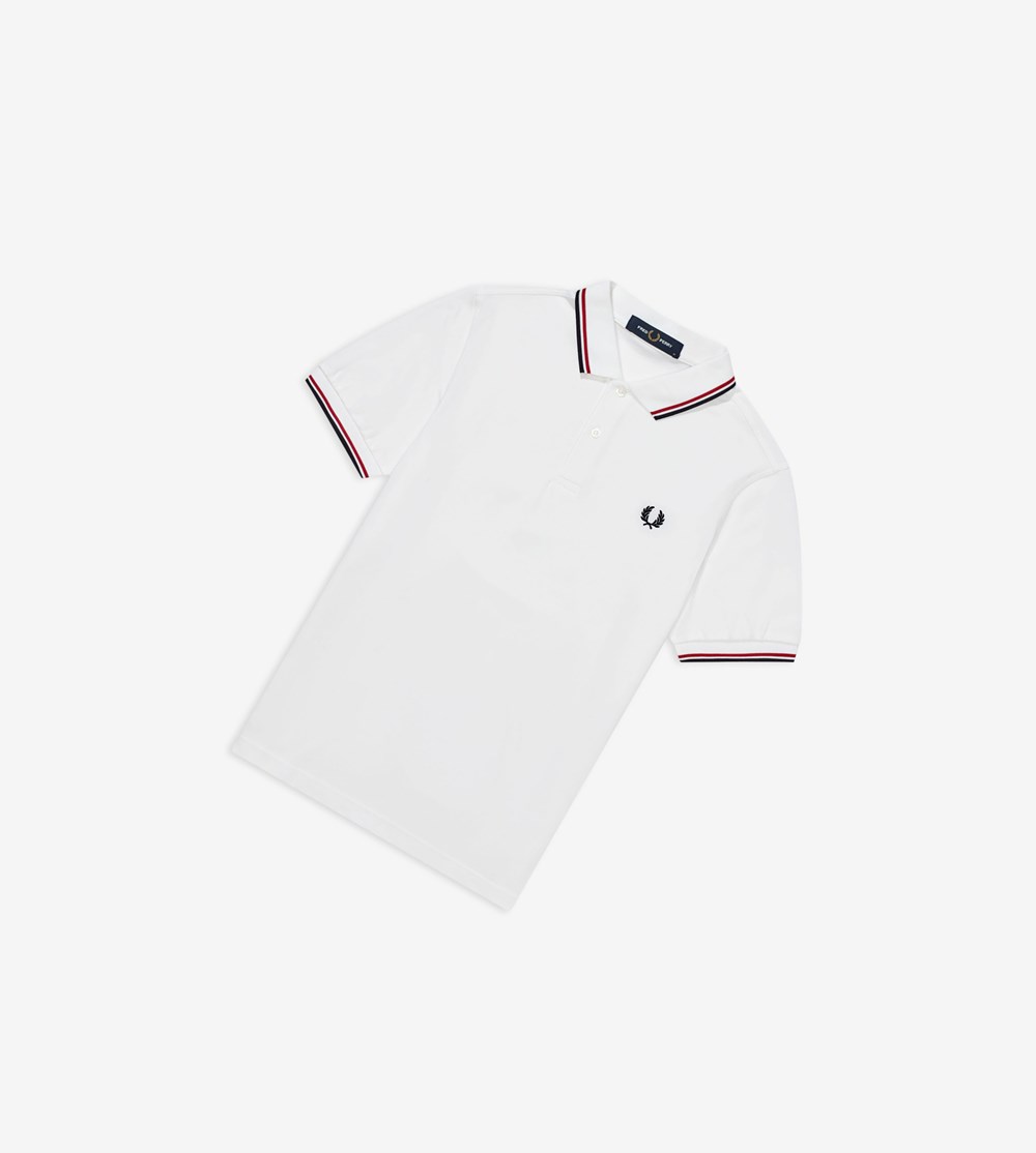 White / Light Red / Navy Fred Perry M3600 Men's Polo Shirts | ZBQAV-5361