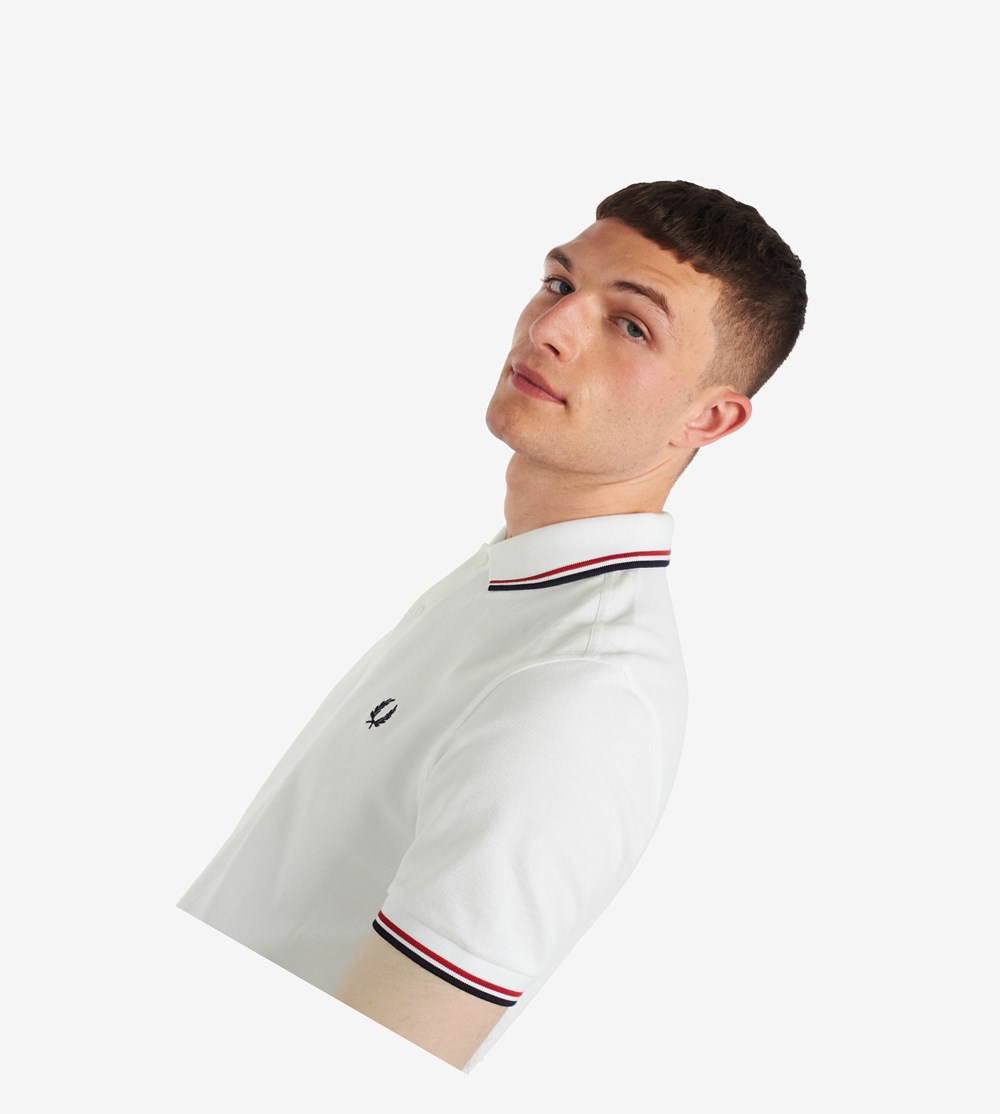 White / Light Red / Navy Fred Perry M3600 Men's Polo Shirts | ZBQAV-5361