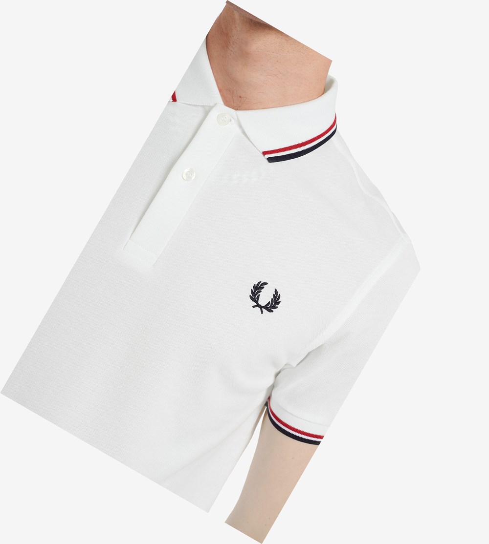 White / Light Red / Navy Fred Perry M3600 Men's Polo Shirts | ZBQAV-5361