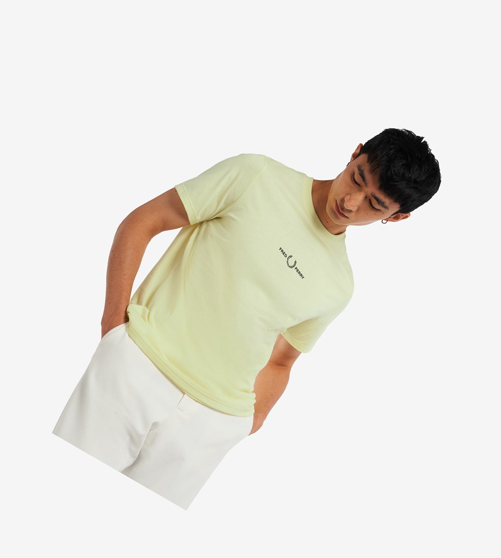 Yellow Fred Perry Embroidered Men's T Shirts | YEZKJ-0598