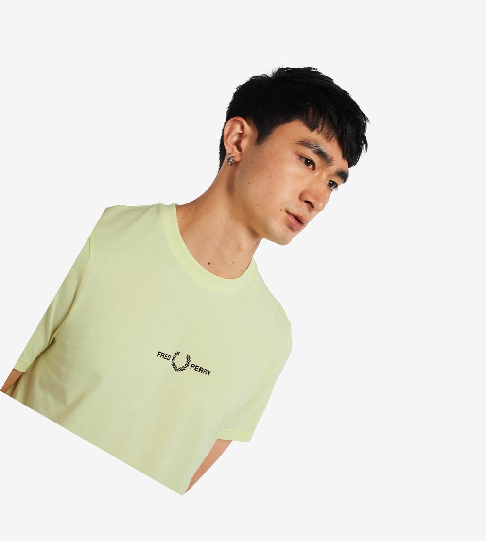 Yellow Fred Perry Embroidered Men's T Shirts | YEZKJ-0598