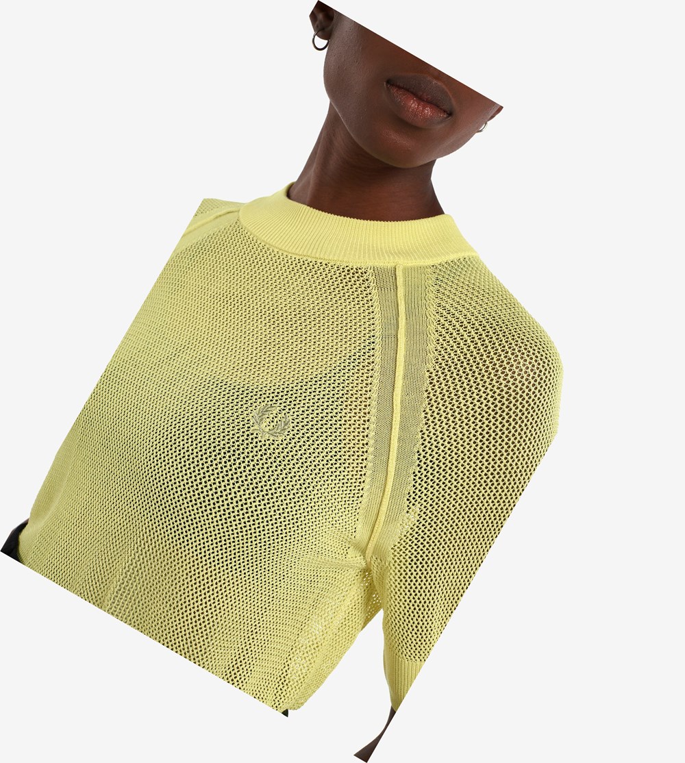 Yellow Fred Perry Short Sleeve Open-Knit Jumper Women's Knitwear | ZLXGQ-9012