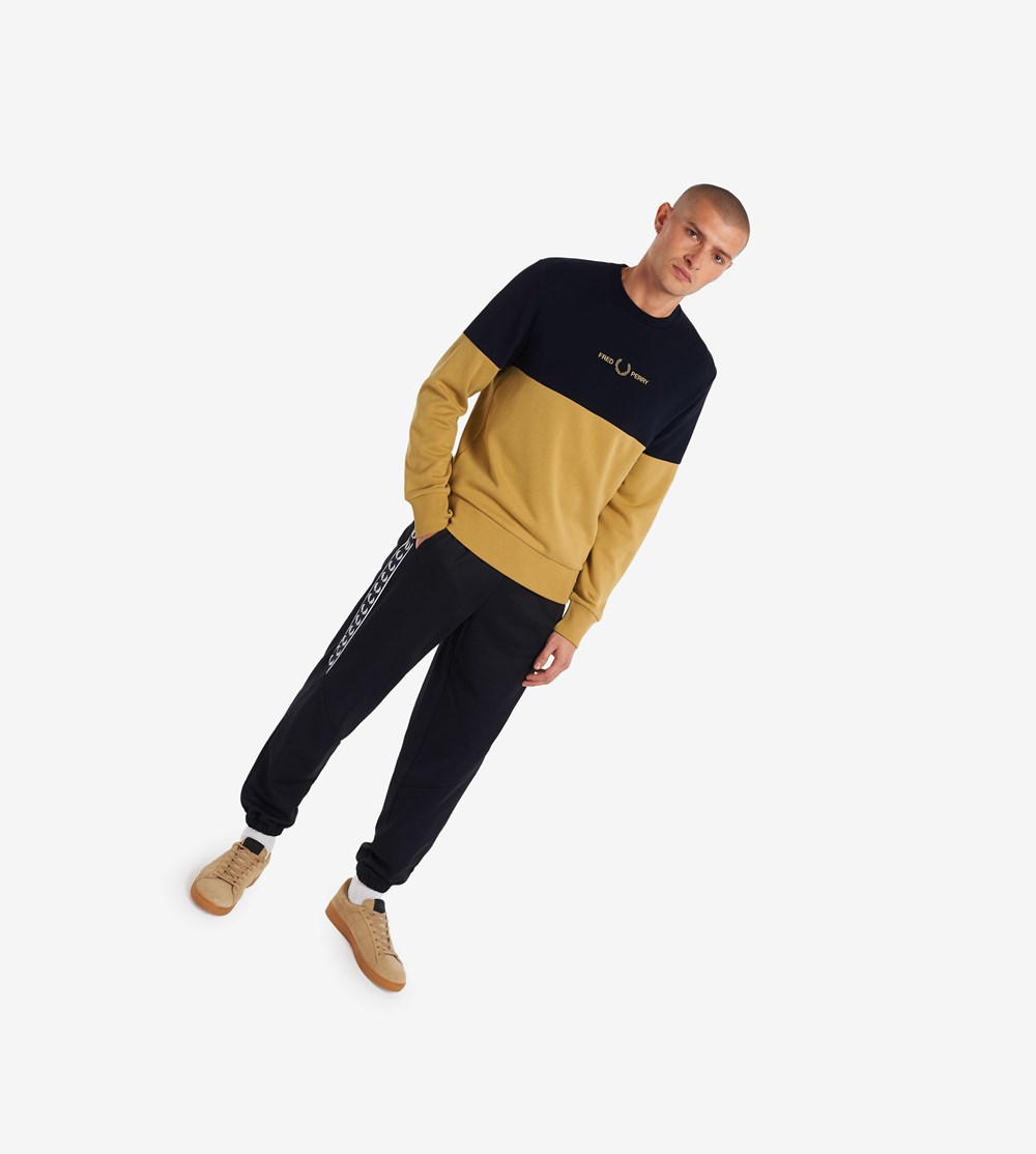 khaki/black Fred Perry Colour Block Men's Sweatshirt | SLVGJ-3648