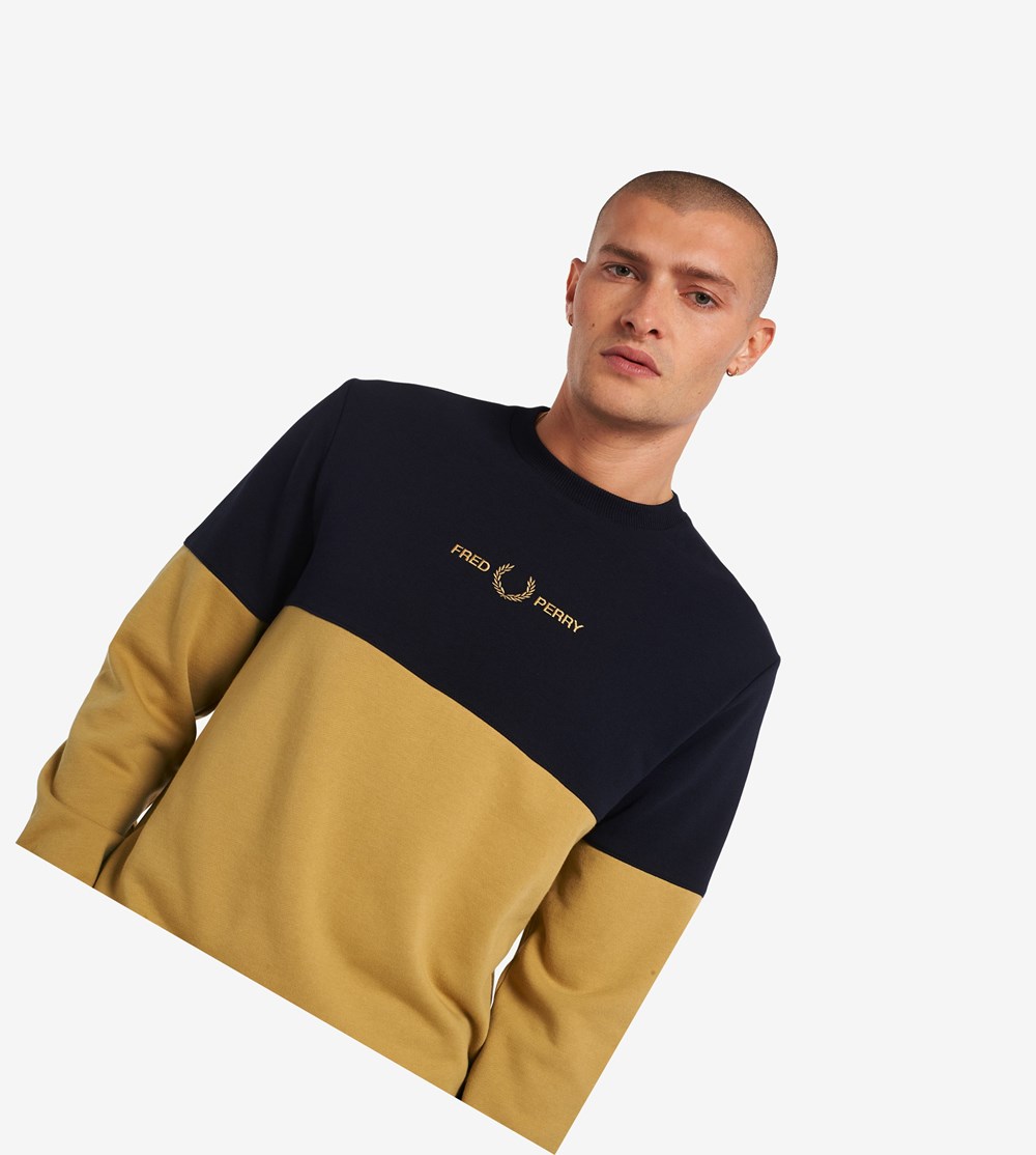 khaki/black Fred Perry Colour Block Men's Sweatshirt | SLVGJ-3648